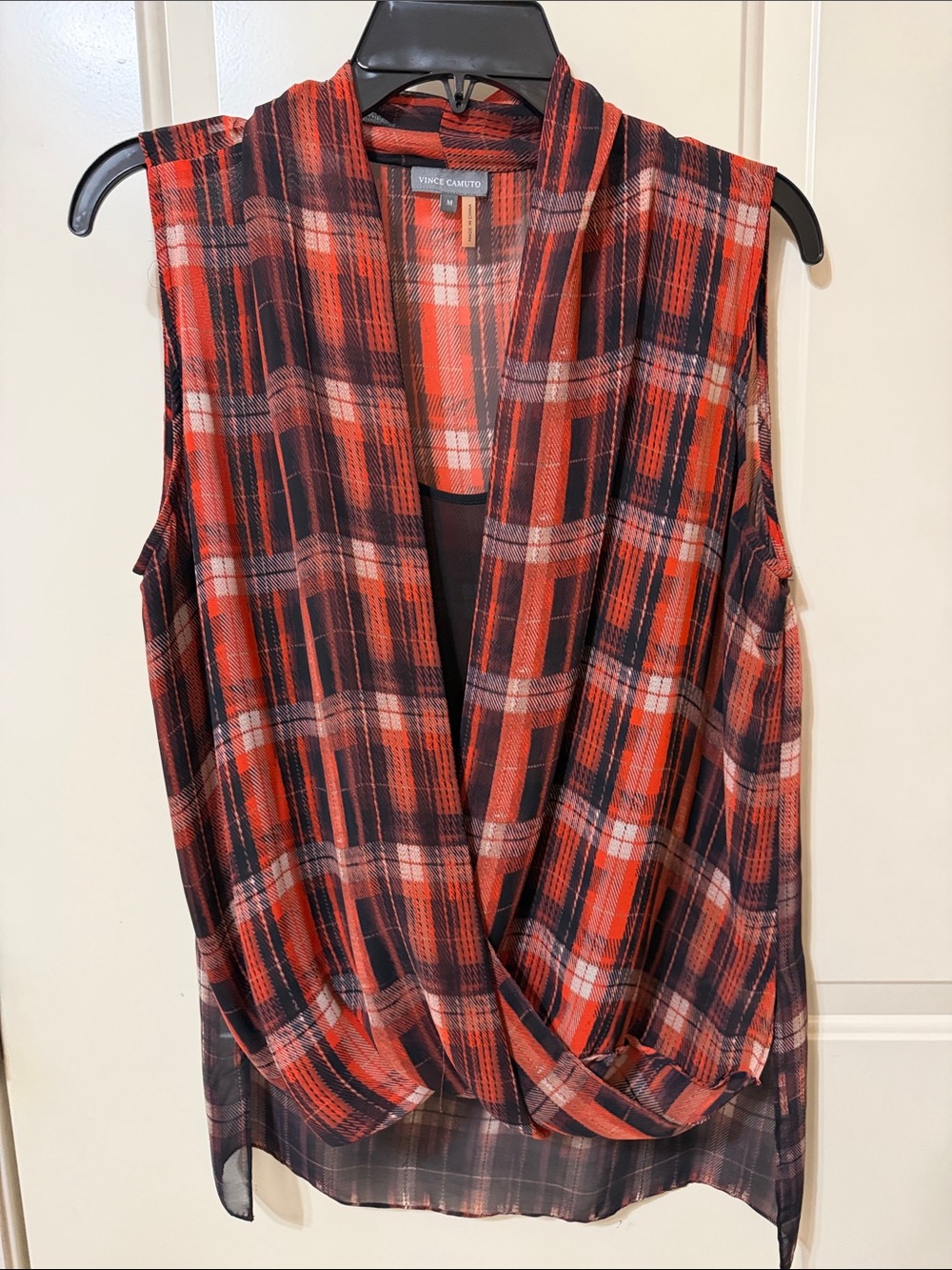 Vince Camuto Red and Black Plaid Draped Sleeveless Top